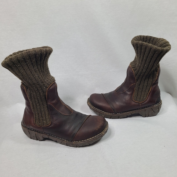 El Naturalista Brown Pull On Knit Leather Mid Calf Sock boots- Unisex - Picture 8 of 13